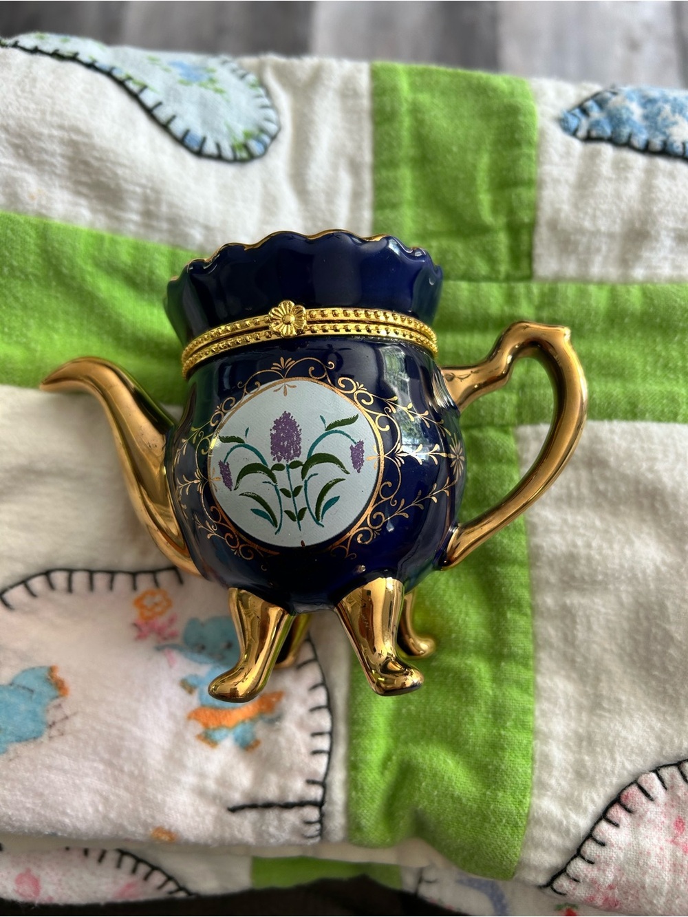 4/$100 trinket Cobalt Blue and Gold Floral Mini Teapot